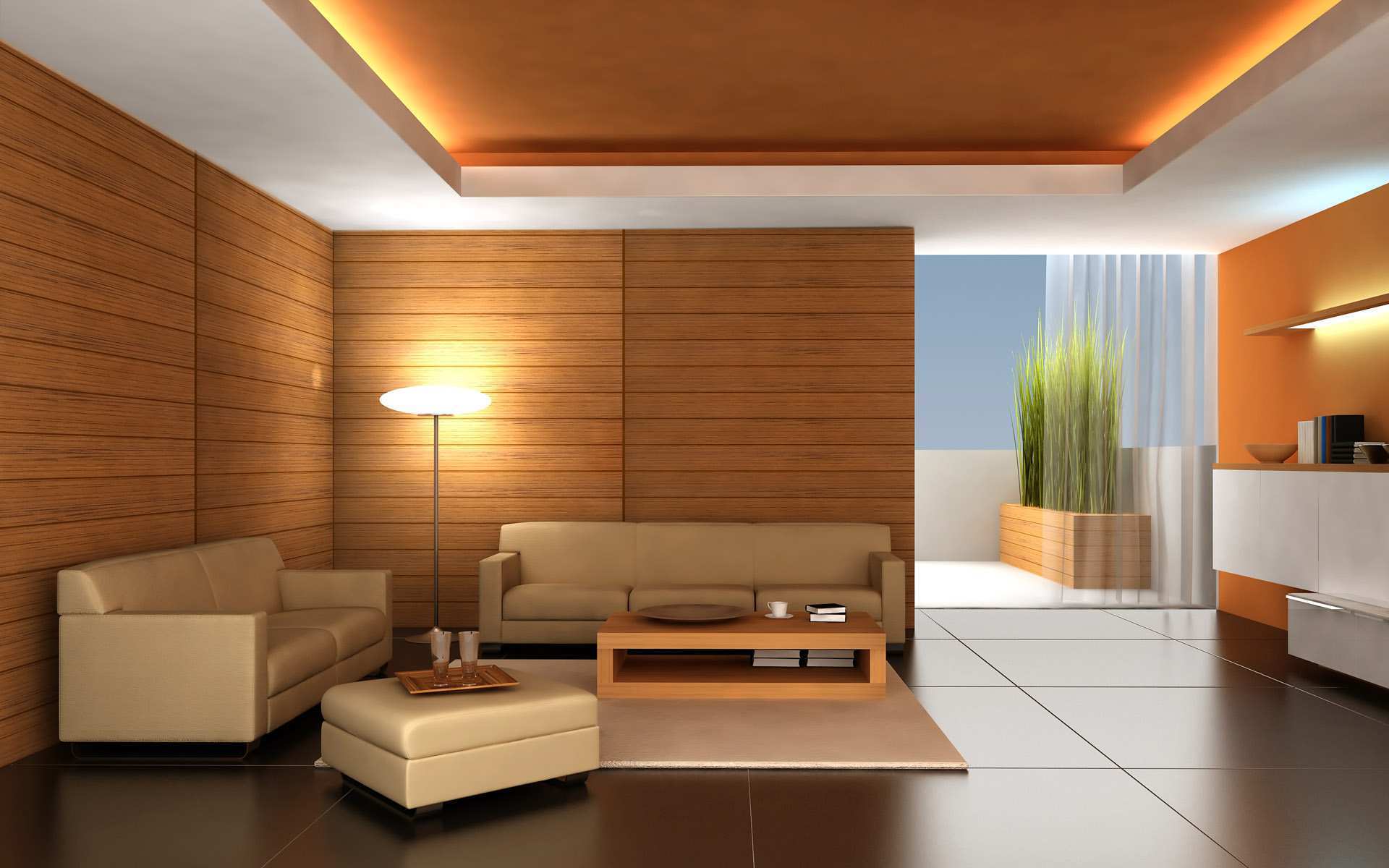Beautiful-Living-Room-Decoration-with-Beige-Sof-and-Wooden-Wall-Design